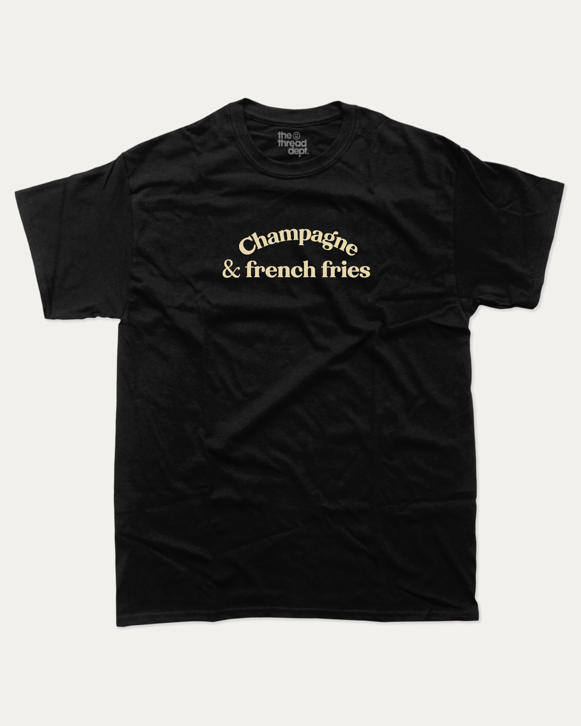Champagne & French Fries graphic t-shirt, perfect funny gift for friends. A must-have funny food tee, french fries shirt, unique gift idea. Black.