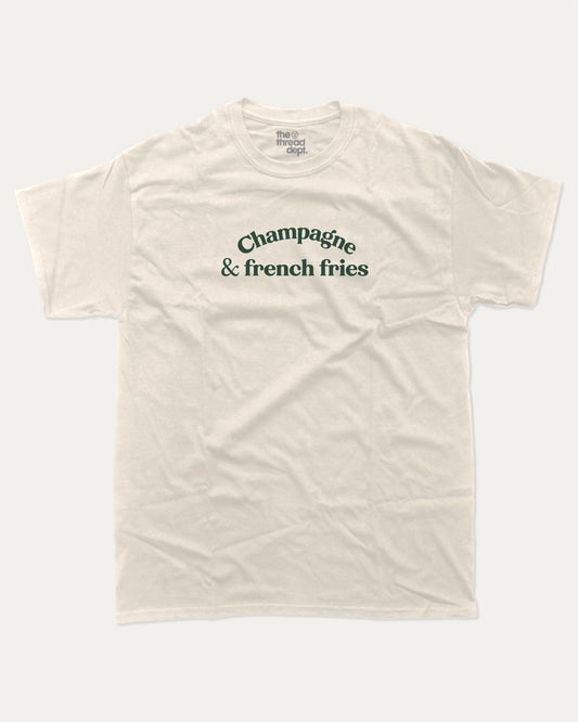 Champagne & French Fries graphic t-shirt, perfect funny gift for friends. A must-have funny food tee, french fries shirt, unique gift idea. Cream.