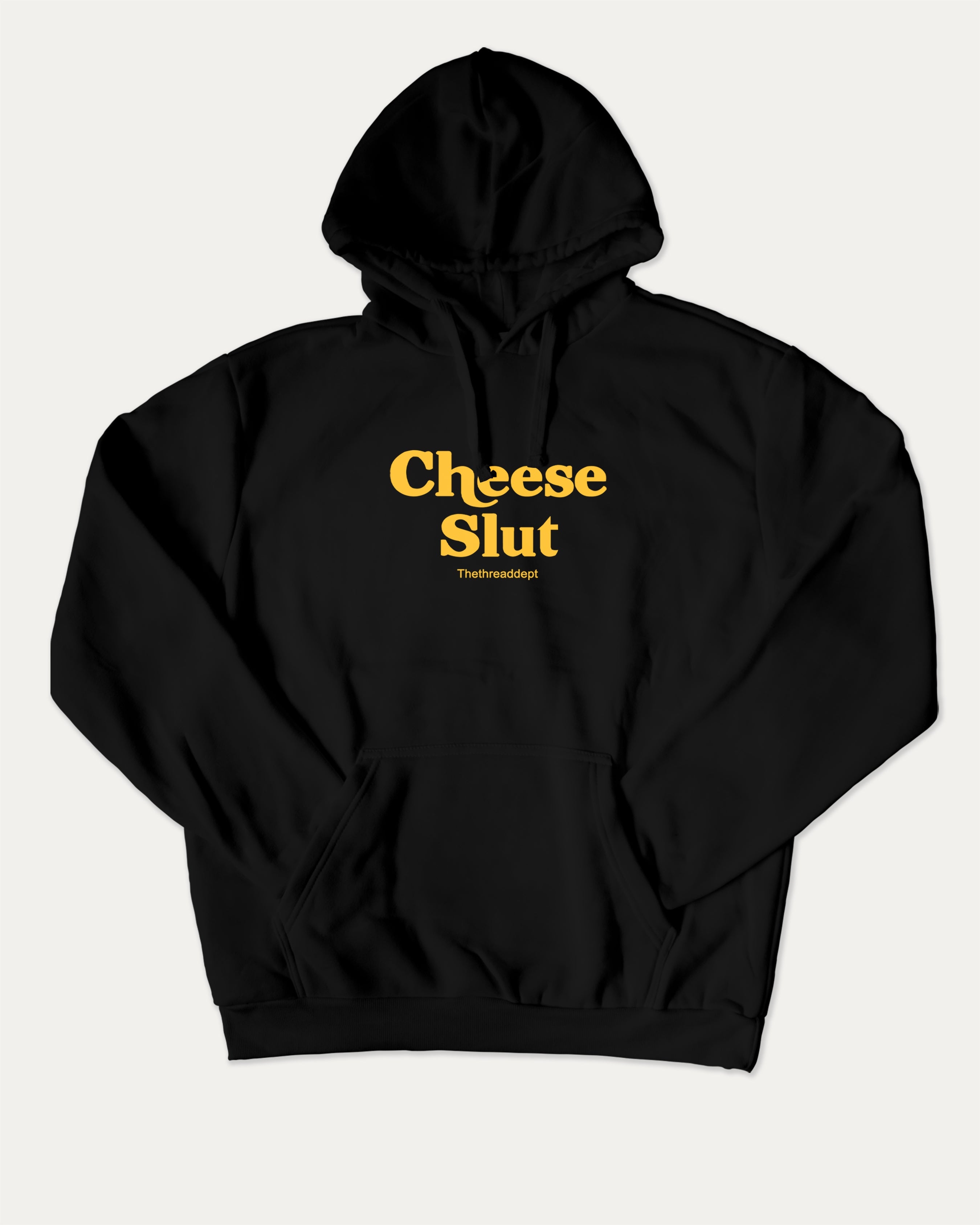 Cheese Slut graphic hoodie with funny cheese artwork, casual streetwear with bold personality. Great for adults and gifting. Black hoodie.