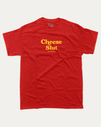 Cheese Slut graphic tee with cheese lover graphic, funny and trendy graphic. Perfect for adults and gift-giving. Red shirt.