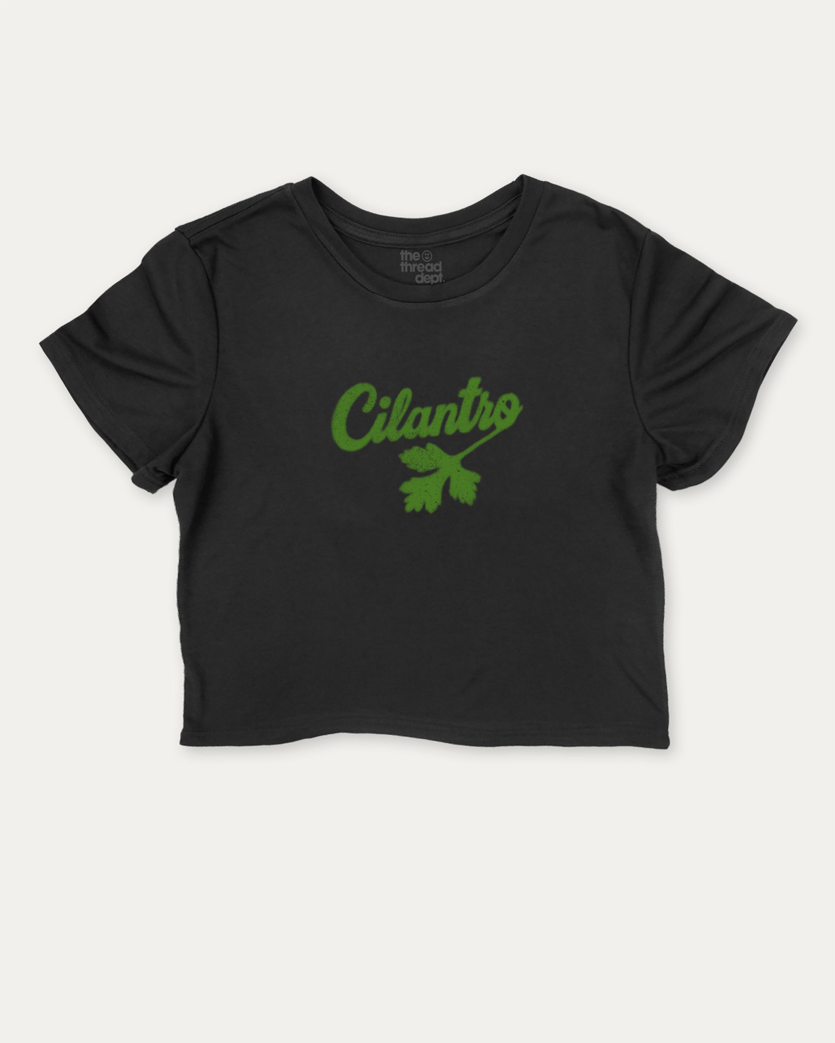 Cilantro graphic crop tee with funny and trendy slogan print, Mexican Foods Graphic T shirt,  perfect for women’s casual looks or layering. Black crop t-shirt.