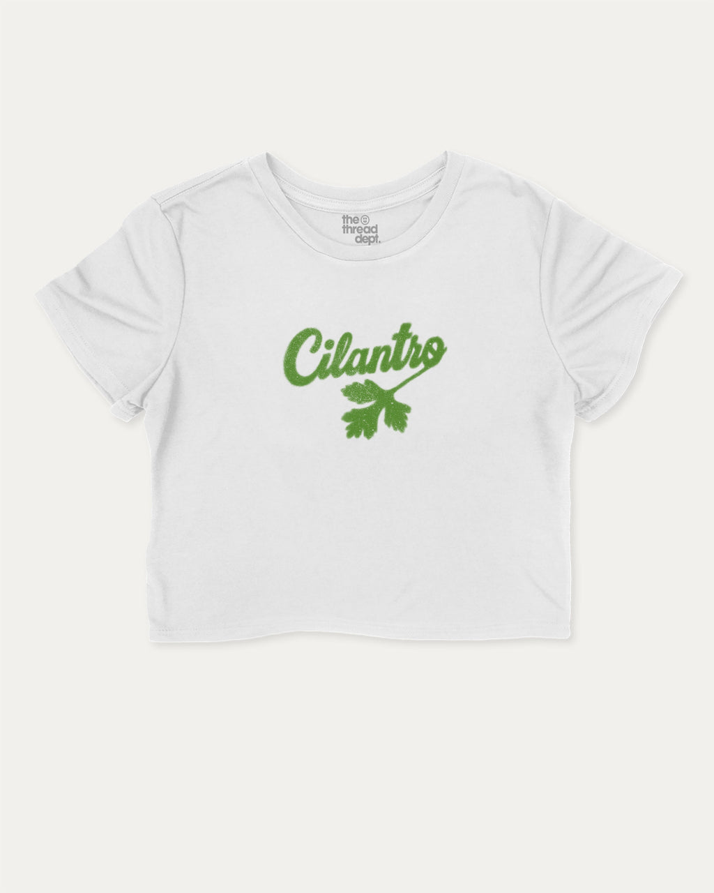 Cilantro graphic crop tee with funny and trendy slogan print, Mexican Foods Graphic T shirt,  perfect for women’s casual looks or layering. White crop t-shirt.