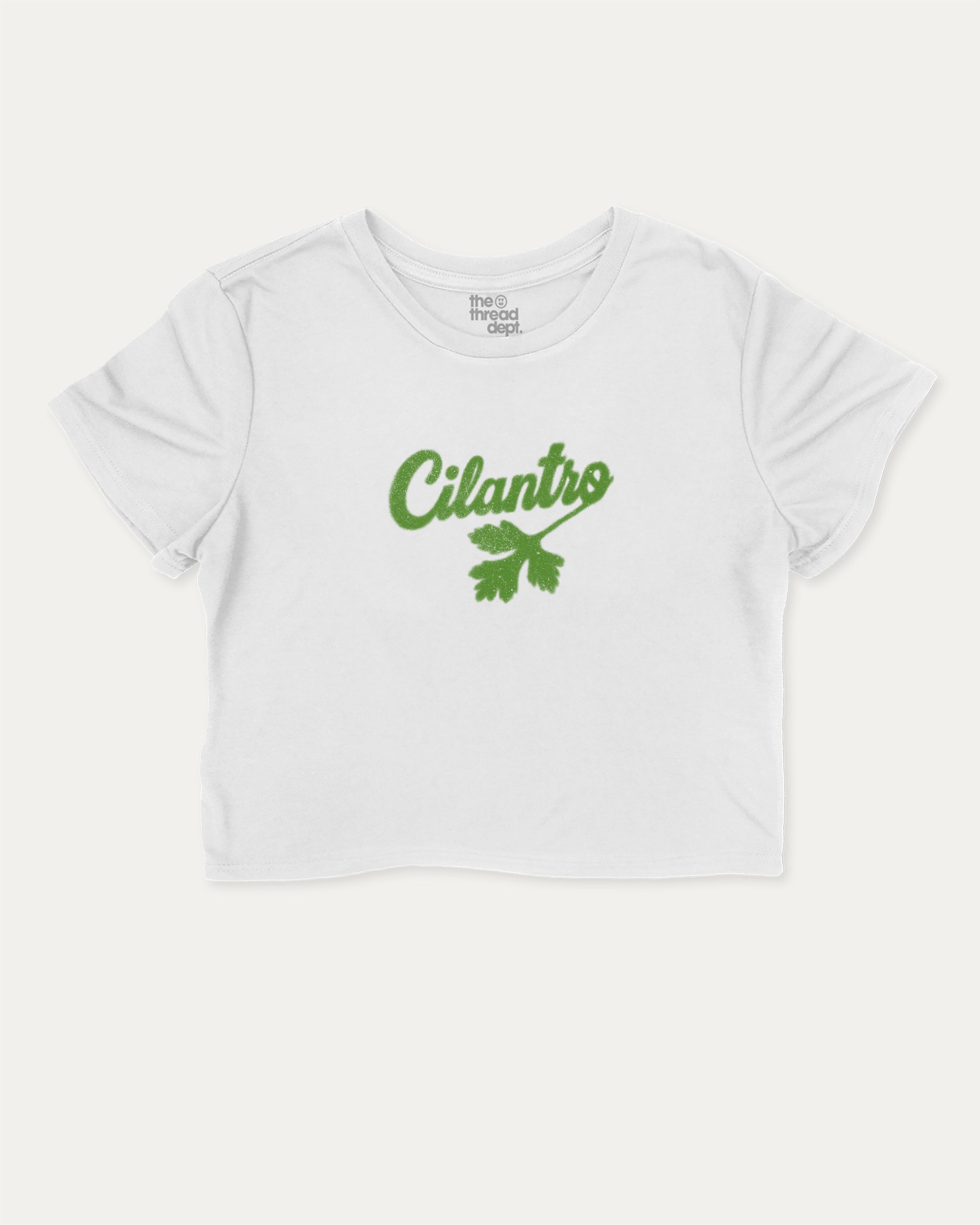 Cilantro graphic crop tee with funny and trendy slogan print, Mexican Foods Graphic T shirt,  perfect for women’s casual looks or layering. White crop t-shirt.