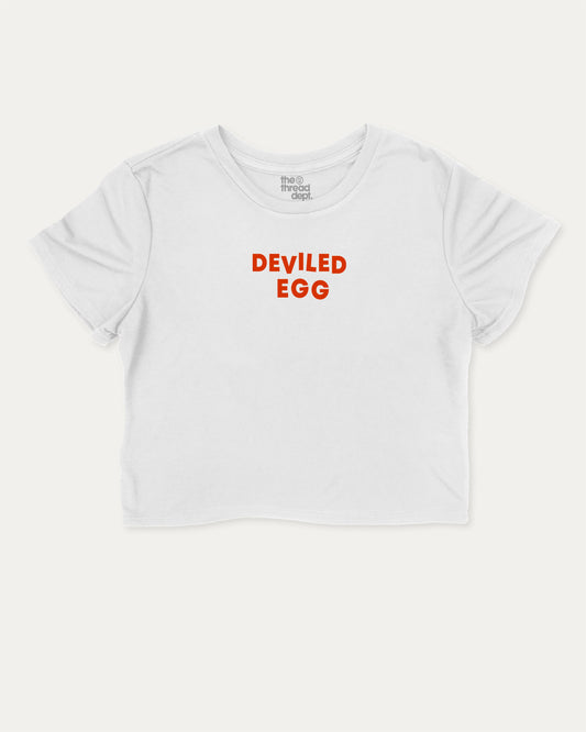 Deviled Egg graphic crop tee with funny and trendy slogan print, perfect for women’s casual looks or layering. Food Lover T shirt, Craving Graphic Tee, White crop t-shirt.