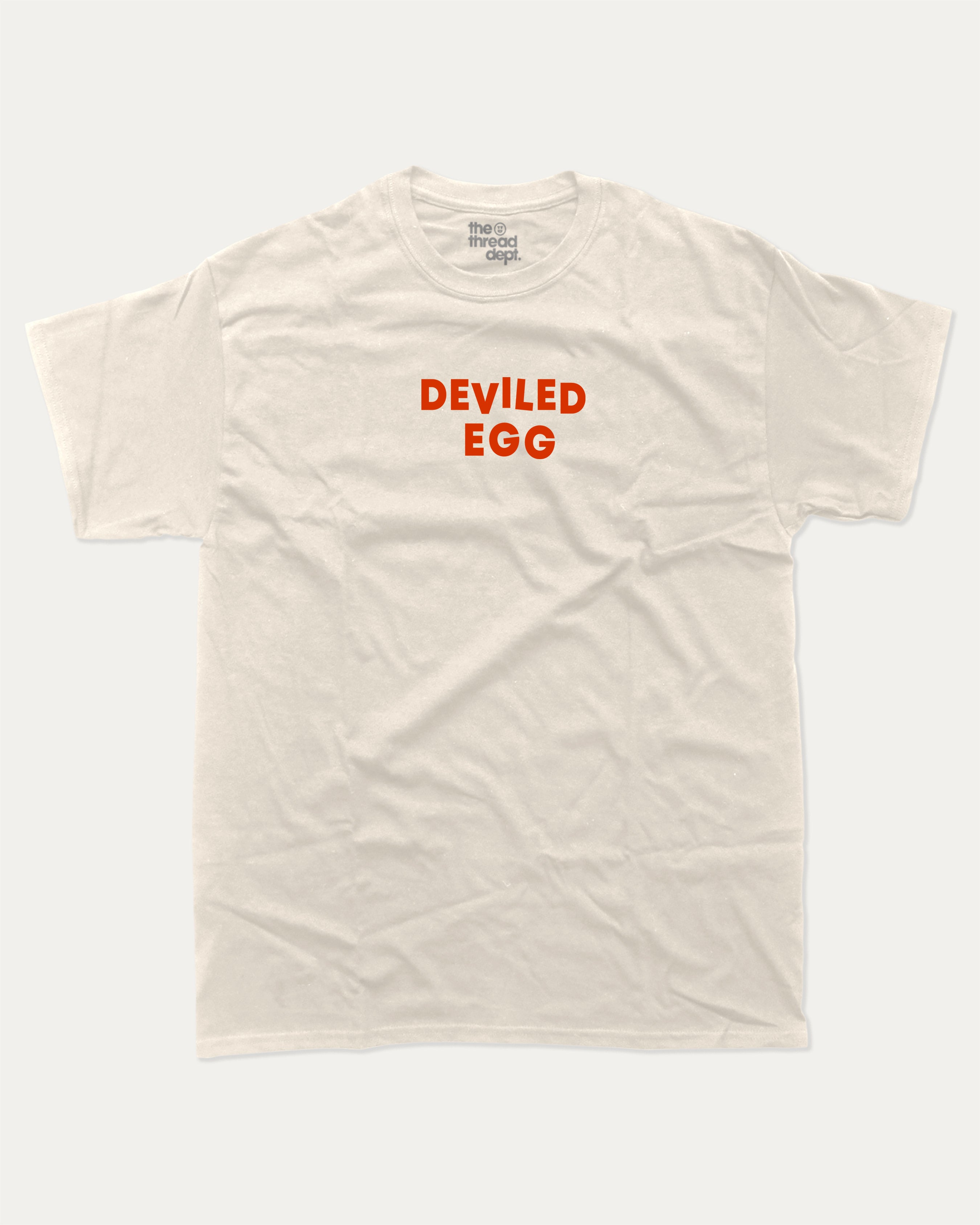 Deviled Egg graphic tee with bold and humorous print, funny and trendy graphic. Food Lover T shirt, Craving Graphic Tee,  Perfect for adults and gift-giving. Cream shirt.