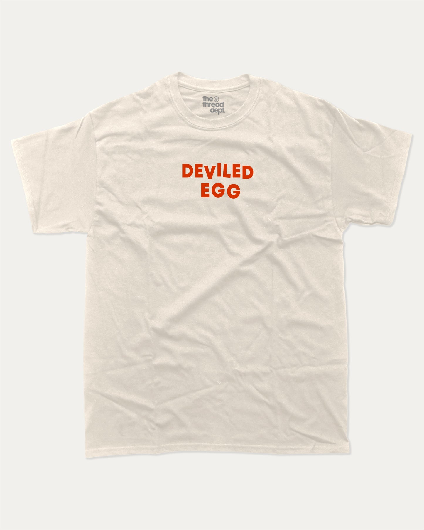 Deviled Egg graphic tee with bold and humorous print, funny and trendy graphic. Food Lover T shirt, Craving Graphic Tee,  Perfect for adults and gift-giving. Cream shirt.