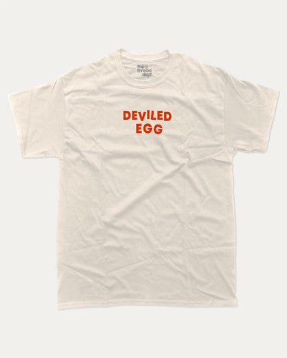 Deviled Egg graphic tee with bold and humorous print, funny and trendy graphic. Food Lover T shirt, Craving Graphic Tee,  Perfect for adults and gift-giving. Cream shirt.