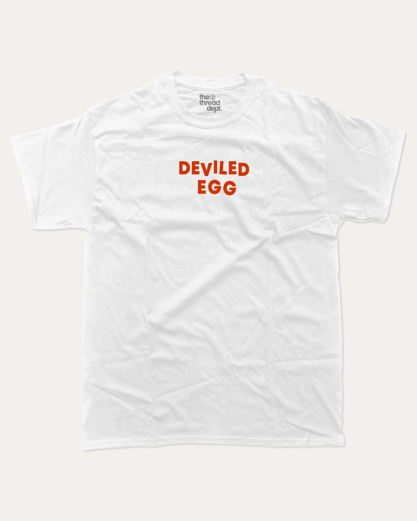 Deviled Egg graphic tee with bold and humorous print, funny and trendy graphic. Food Lover T shirt, Craving Graphic Tee,  Perfect for adults and gift-giving. White shirt.
