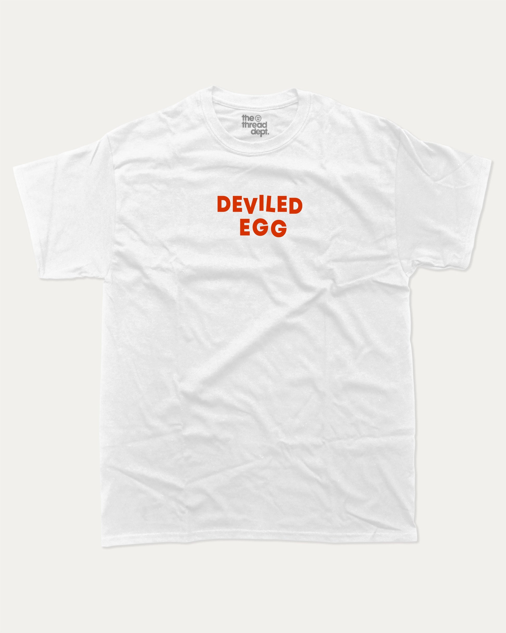 Deviled Egg graphic tee with bold and humorous print, funny and trendy graphic. Food Lover T shirt, Craving Graphic Tee,  Perfect for adults and gift-giving. White shirt.