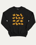Dino Nugget graphic sweatshirt with bold and humorous print, warm and cozy graphic for everyday wear. Perfect for adults and gift-giving. Black pullover.