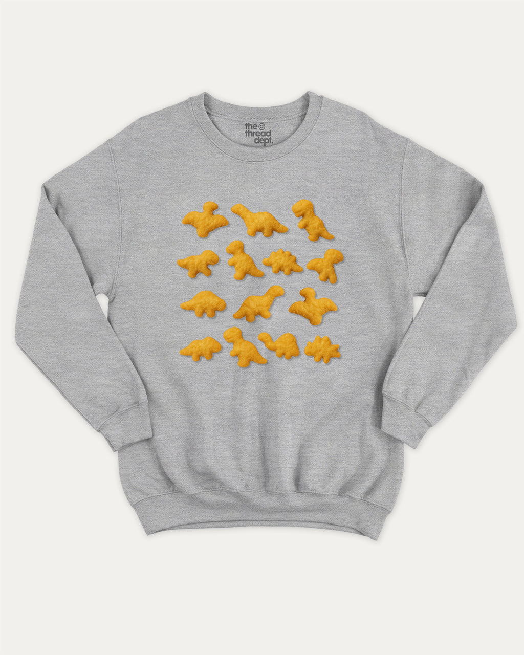 Dino Nugget graphic sweatshirt with bold and humorous print, warm and cozy graphic for everyday wear. Perfect for adults and gift-giving. Heather Grey pullover.