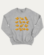 Dino Nugget graphic sweatshirt with bold and humorous print, warm and cozy graphic for everyday wear. Perfect for adults and gift-giving. Heather Grey pullover.