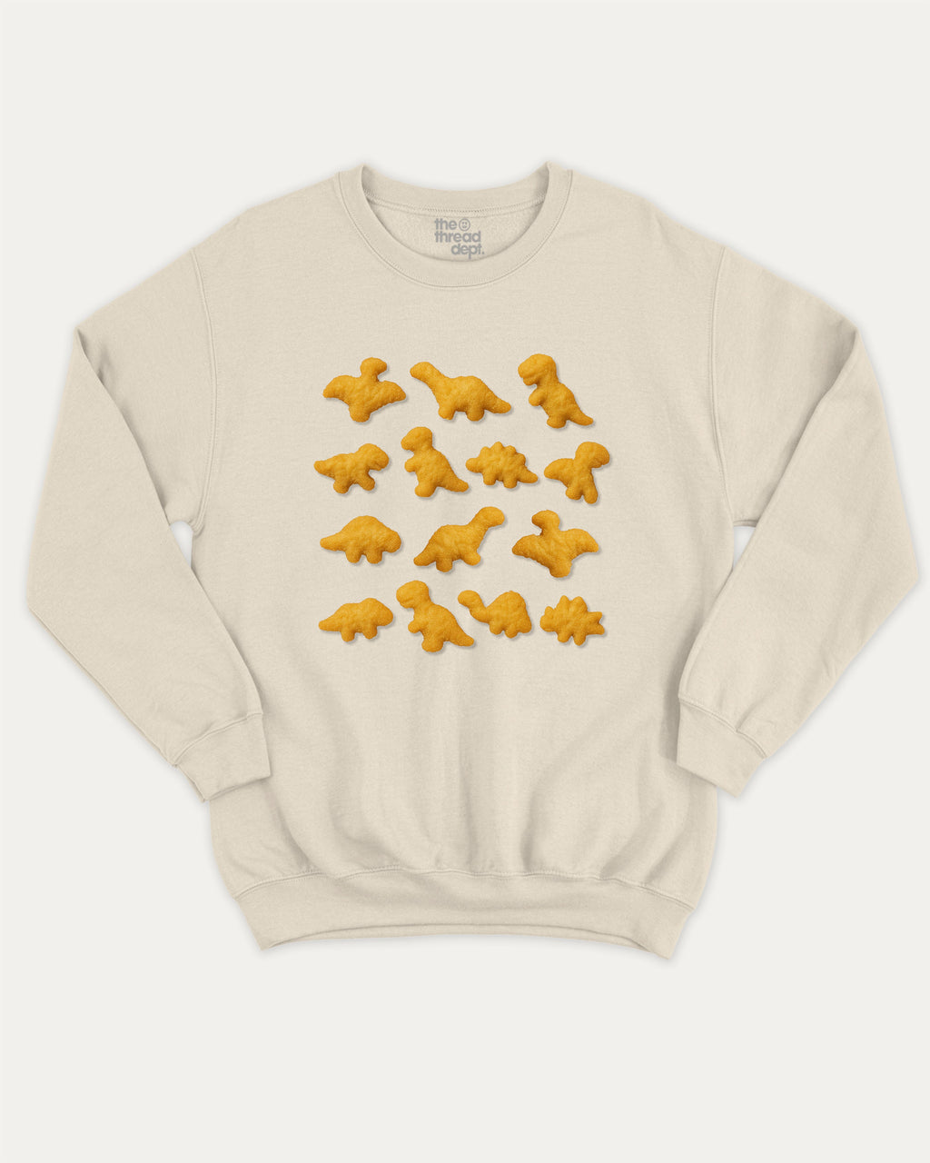 Dino Nugget graphic sweatshirt with bold and humorous print, warm and cozy graphic for everyday wear. Perfect for adults and gift-giving. Natural pullover.