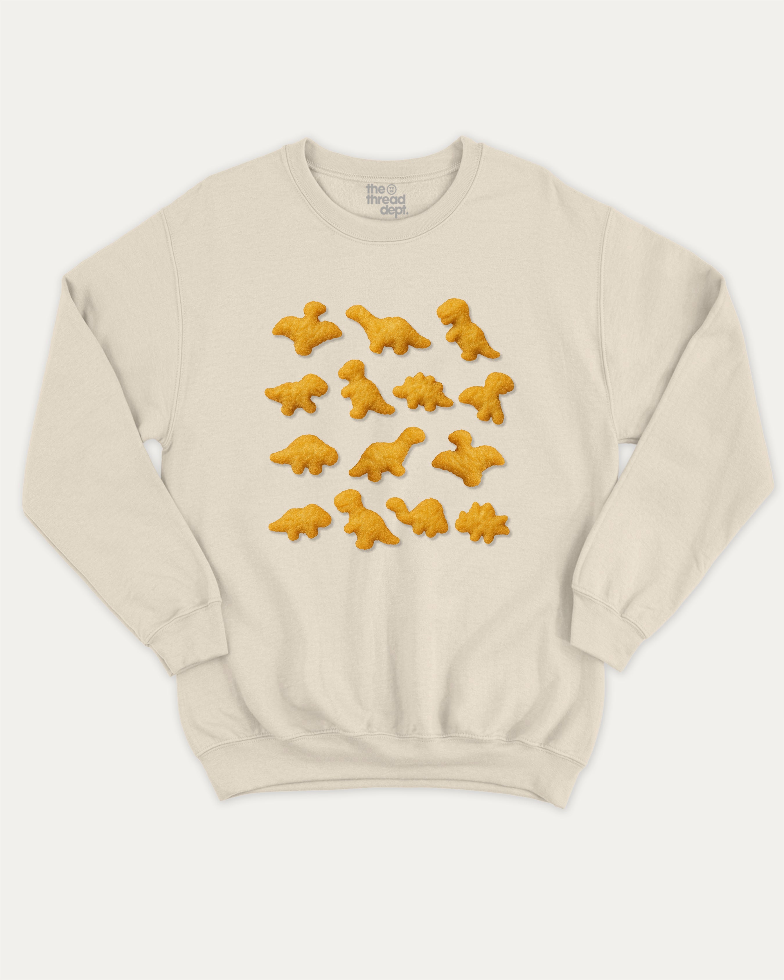 Dino Nugget graphic sweatshirt with bold and humorous print, warm and cozy graphic for everyday wear. Perfect for adults and gift-giving. Natural pullover.
