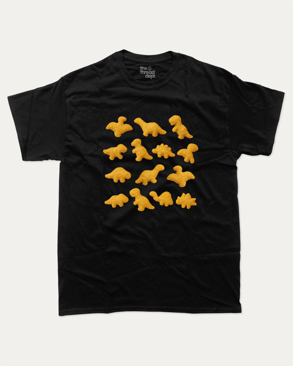 Dino Nugget graphic tee with bold and humorous print, funny nugget graphic. Perfect for adults and gift-giving. Black shirt.
