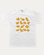 Dino Nugget graphic tee with bold and humorous print, funny nugget graphic. Perfect for adults and gift-giving. White shirt.