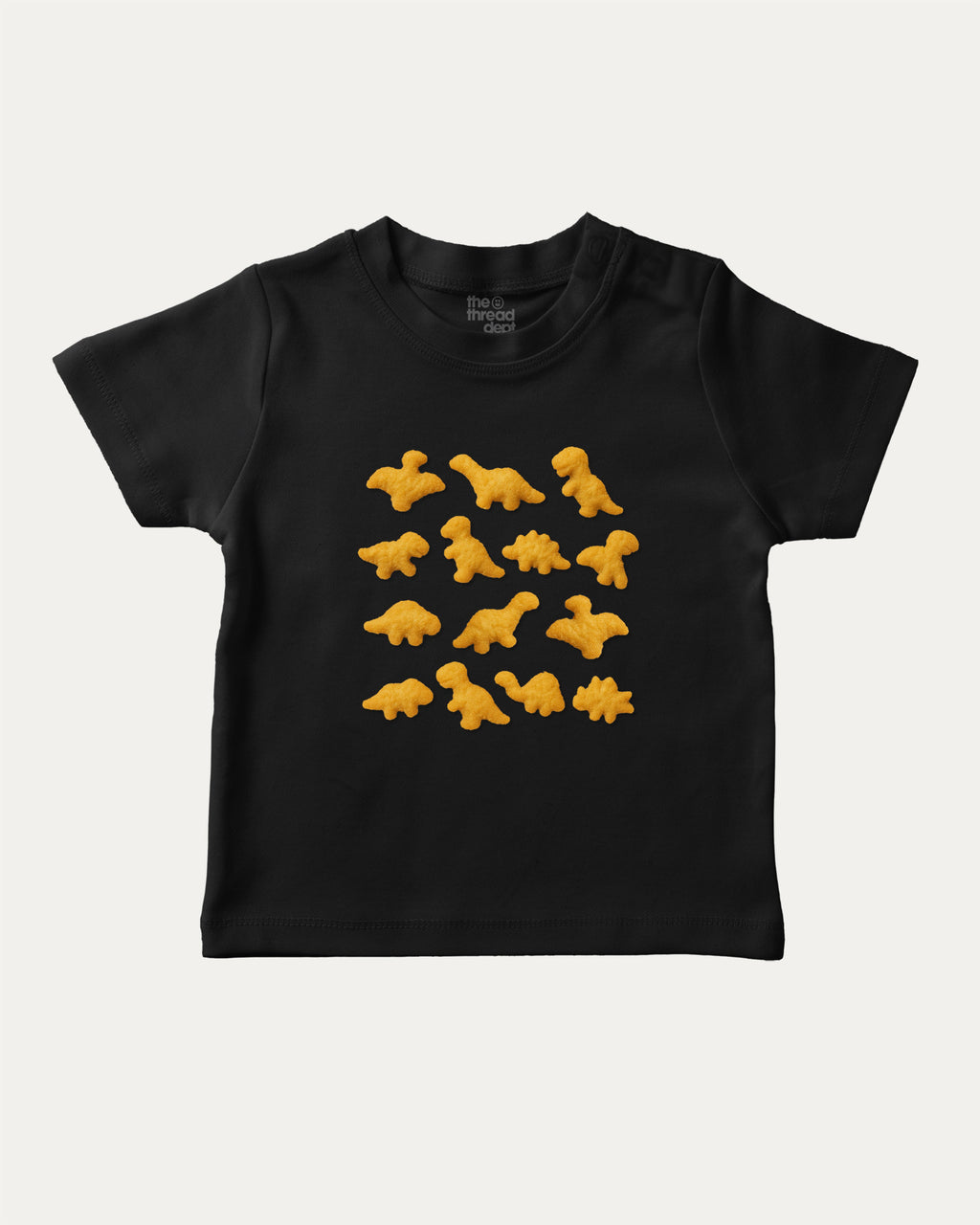 Dino Nugget graphic tee with bold and humorous print, funny and trendy graphic. Perfect for adults and gift-giving. Black shirt.