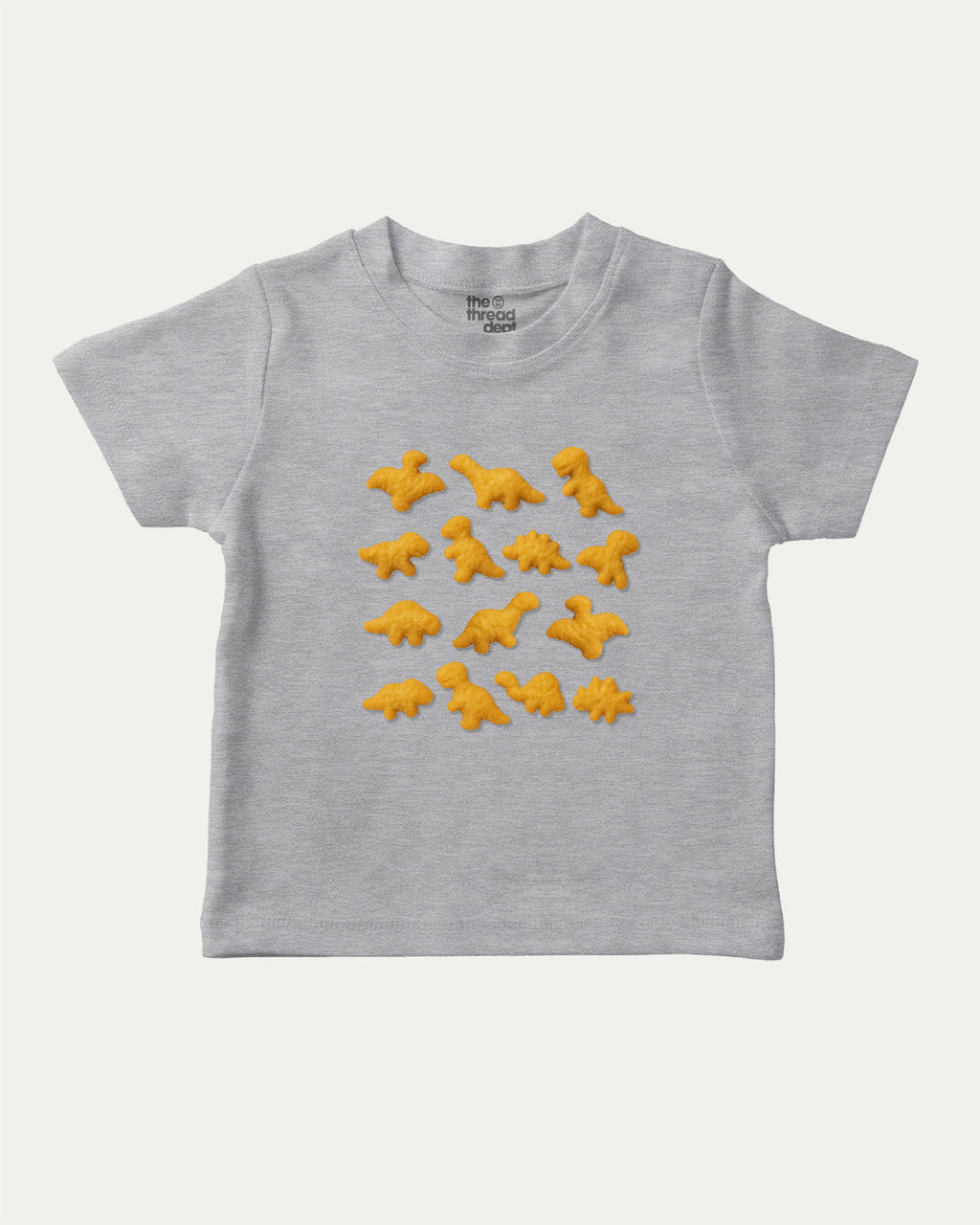 Dino Nugget graphic tee with bold and humorous print, funny and trendy graphic. Perfect for adults and gift-giving. Heather Grey shirt.