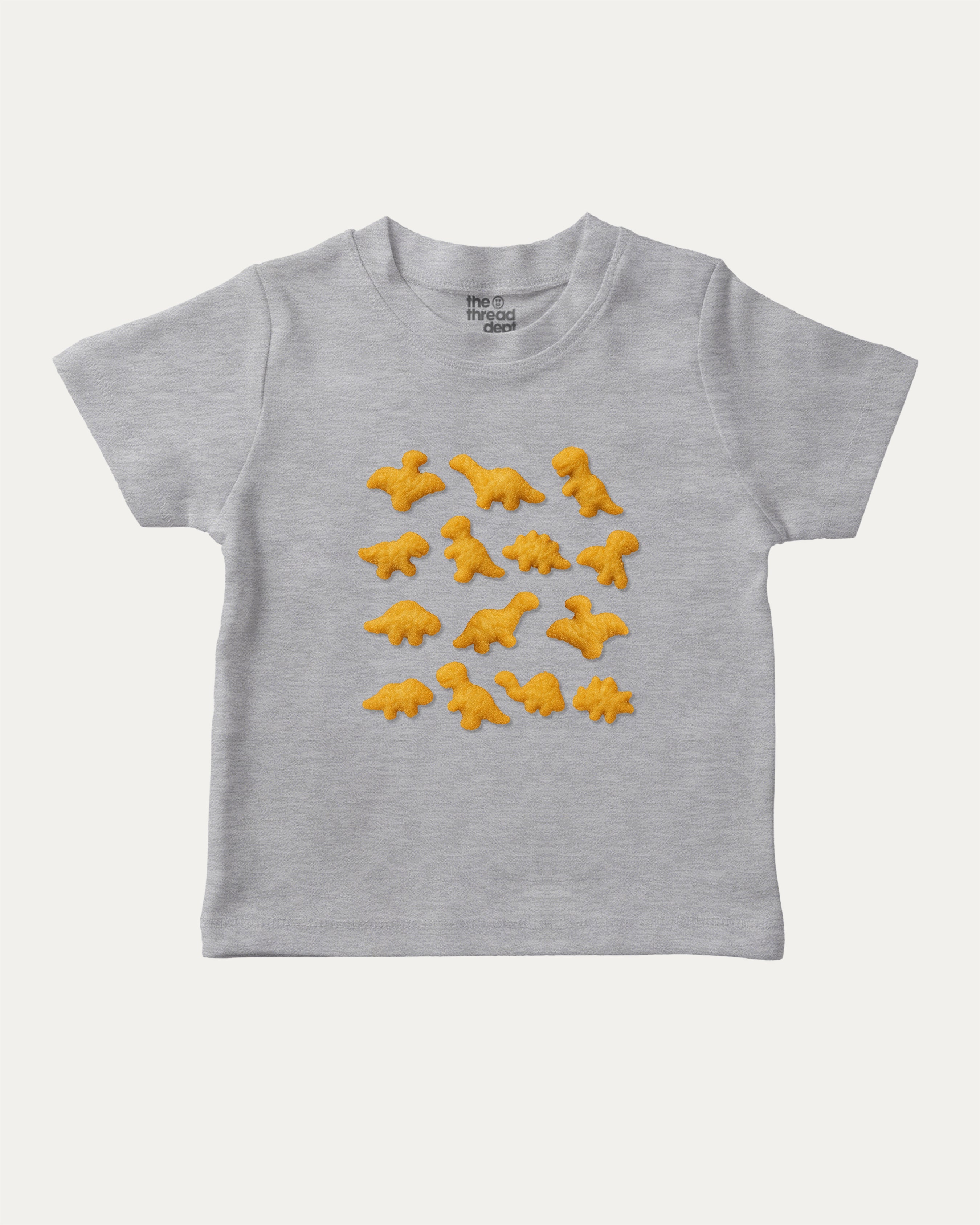 Dino Nugget graphic tee with bold and humorous print, funny and trendy graphic. Perfect for adults and gift-giving. Heather Grey shirt.