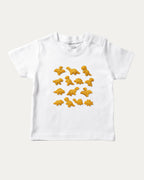 Dino Nugget graphic tee with bold and humorous print, funny and trendy graphic. Perfect for adults and gift-giving. White shirt.