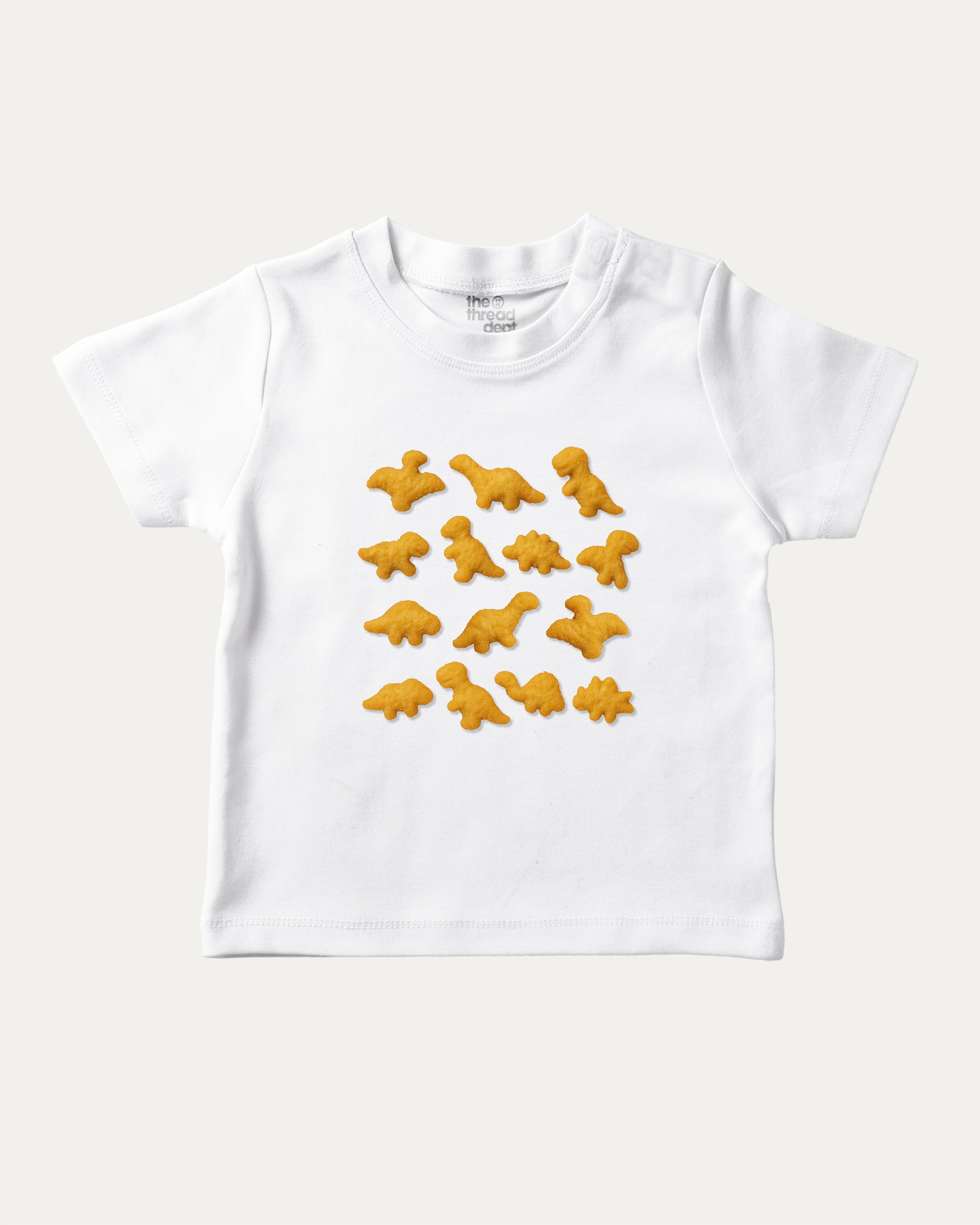 Dino Nugget graphic tee with bold and humorous print, funny and trendy graphic. Perfect for adults and gift-giving. White shirt.