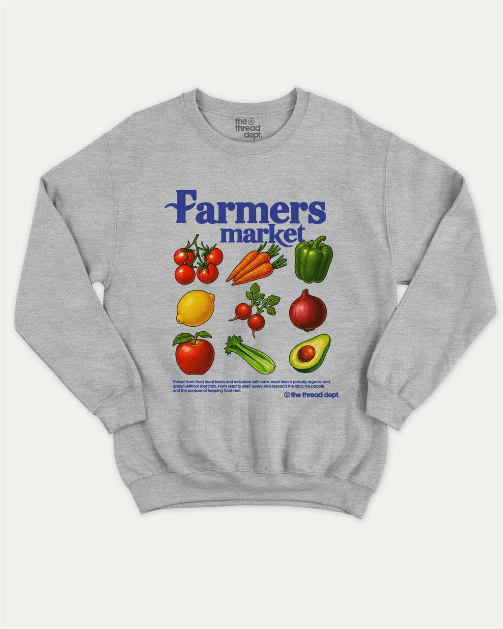 Farmers Market pullover sweatshirt, perfect for special birthday. A must-have orgarnic pullover, comfy cold-weather wear, bold casual look. Heather Grey sweater