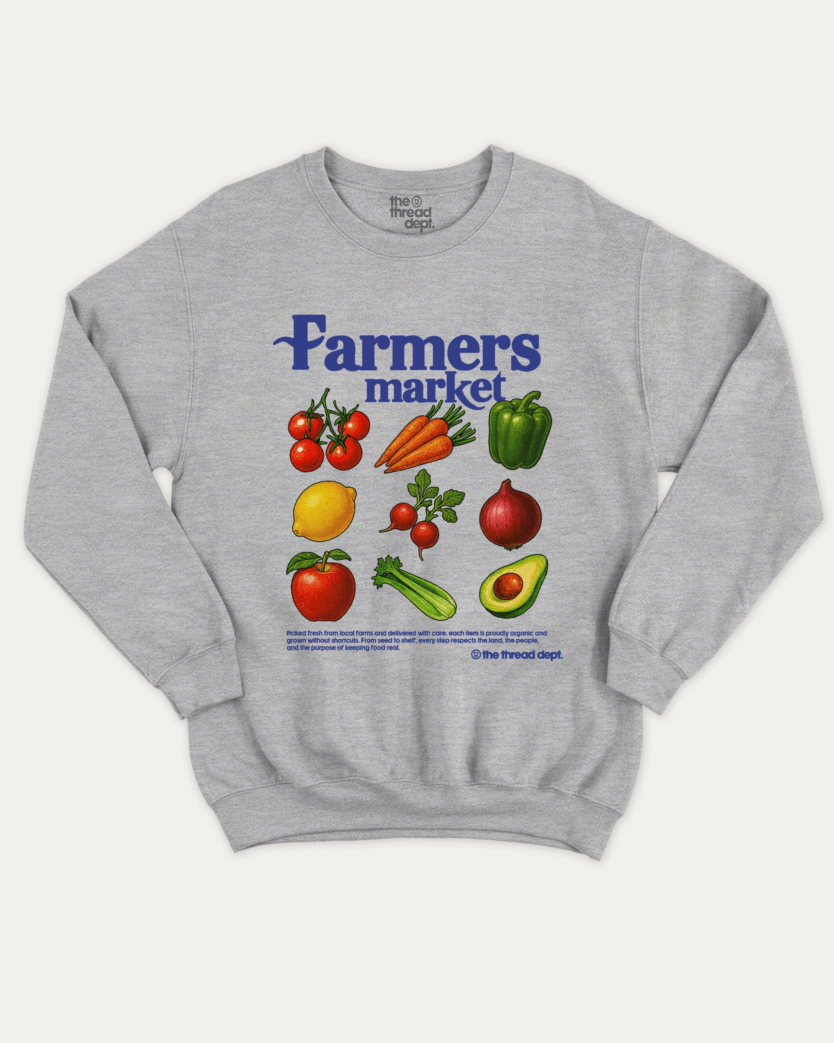 Farmers Market pullover sweatshirt, perfect for special birthday. A must-have orgarnic pullover, comfy cold-weather wear, bold casual look. Heather Grey sweater