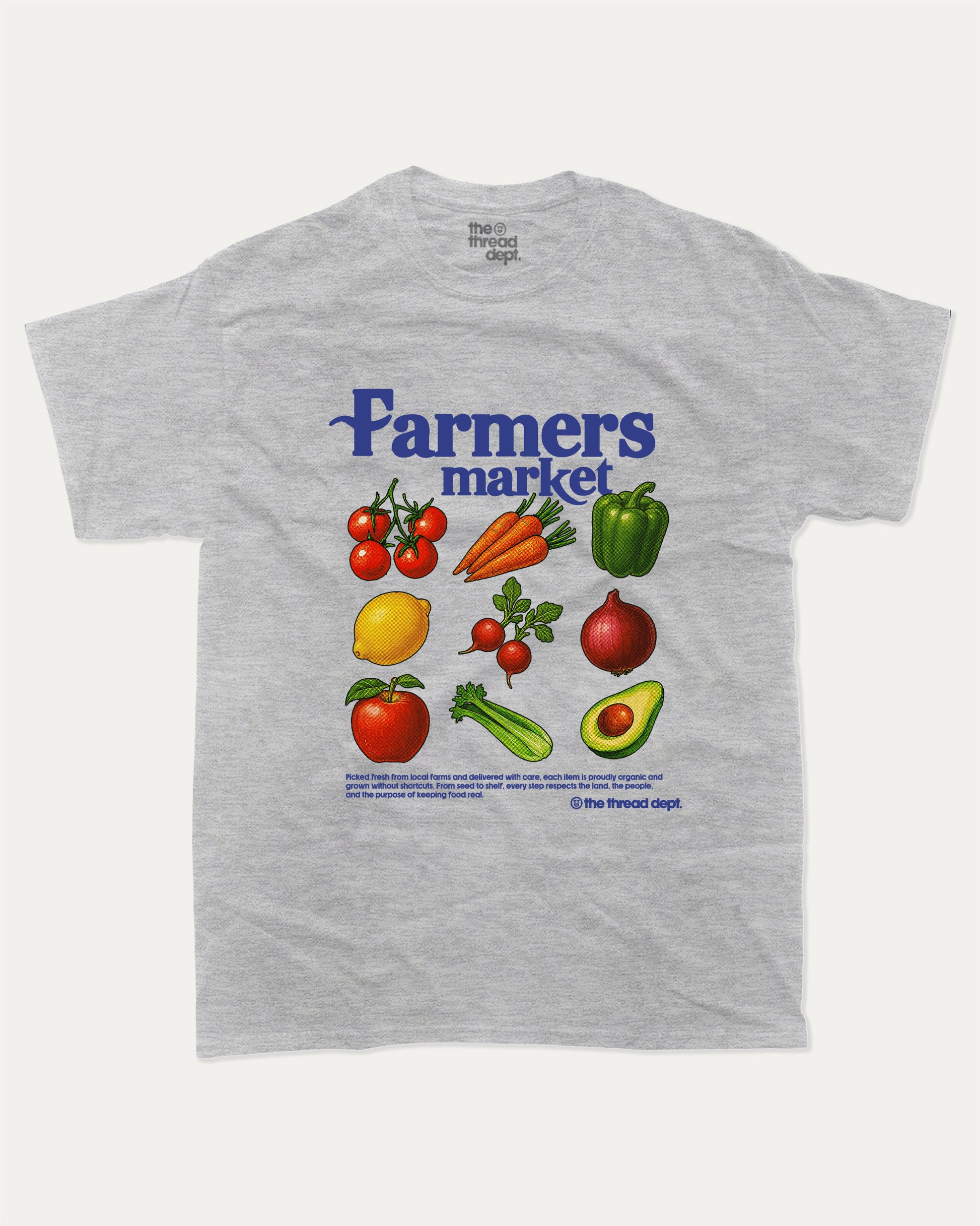 Farmers Market graphic t-shirt, perfect for special birthday. Funny farmers market gifts, trending meme shirt, unique gift idea. Heather Grey.