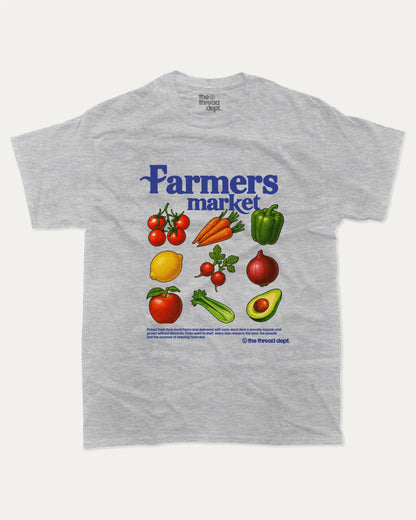 Farmers Market graphic t-shirt, perfect for special birthday. Funny farmers market gifts, trending meme shirt, unique gift idea. Heather Grey.