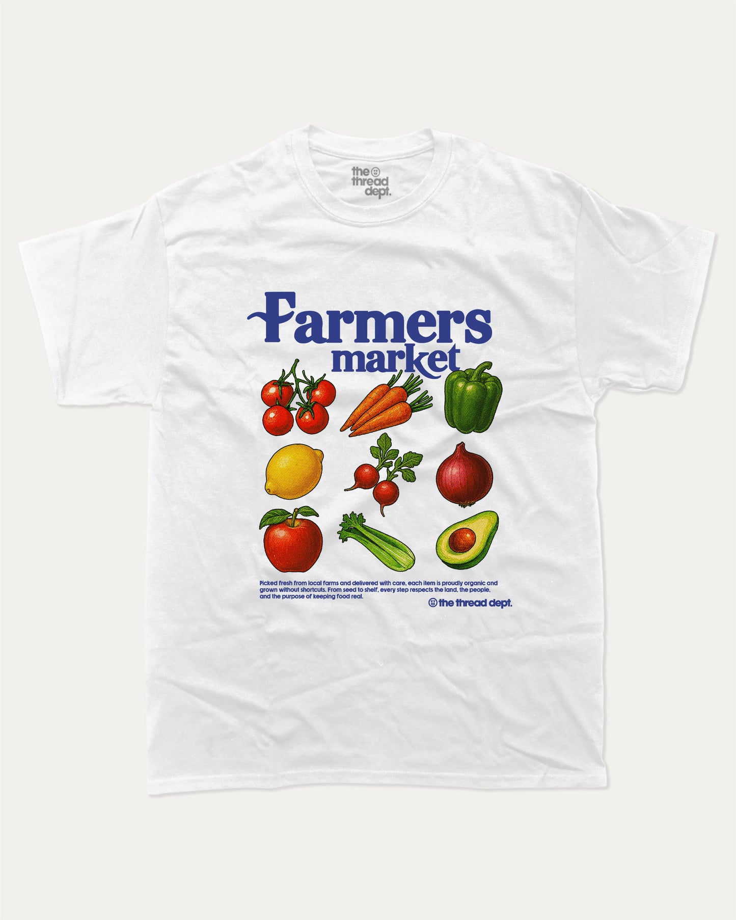 Farmers Market graphic t-shirt, perfect for special birthday. Funny farmers market gifts, trending meme shirt, unique gift idea. White.