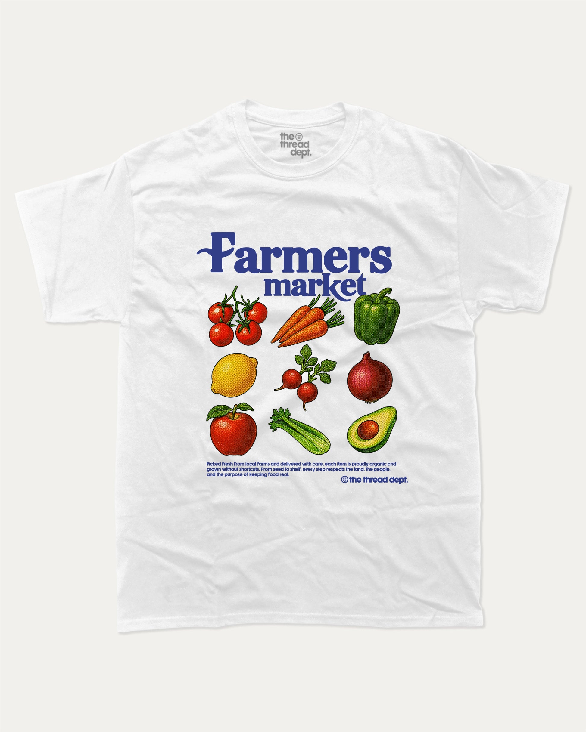 Farmers Market graphic t-shirt, perfect for special birthday. Funny farmers market gifts, trending meme shirt, unique gift idea. White.