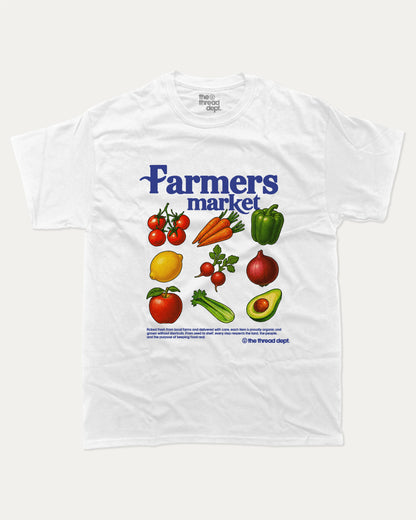 Farmers Market graphic t-shirt, perfect for special birthday. Funny farmers market gifts, trending meme shirt, unique gift idea. White.