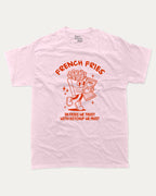 French Fries graphic tee with bold and humorous print, Food Graphic T shirt, Perfect Gift for Food Lover, French Fries Graphic T shirt, funny and trendy graphic. Perfect for adults and gift-giving. Pink shirt.