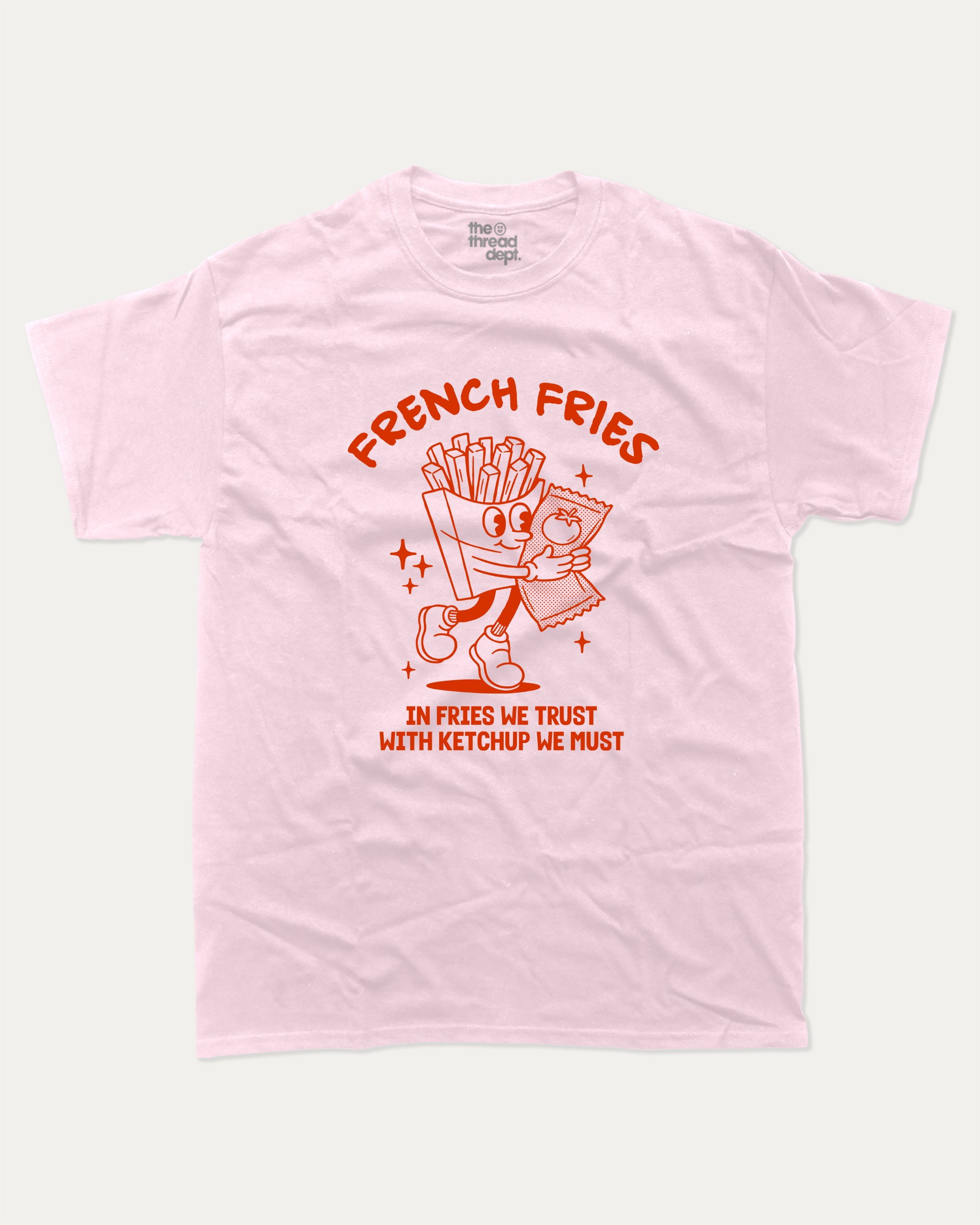 French Fries graphic tee with bold and humorous print, Food Graphic T shirt, Perfect Gift for Food Lover, French Fries Graphic T shirt, funny and trendy graphic. Perfect for adults and gift-giving. Pink shirt.