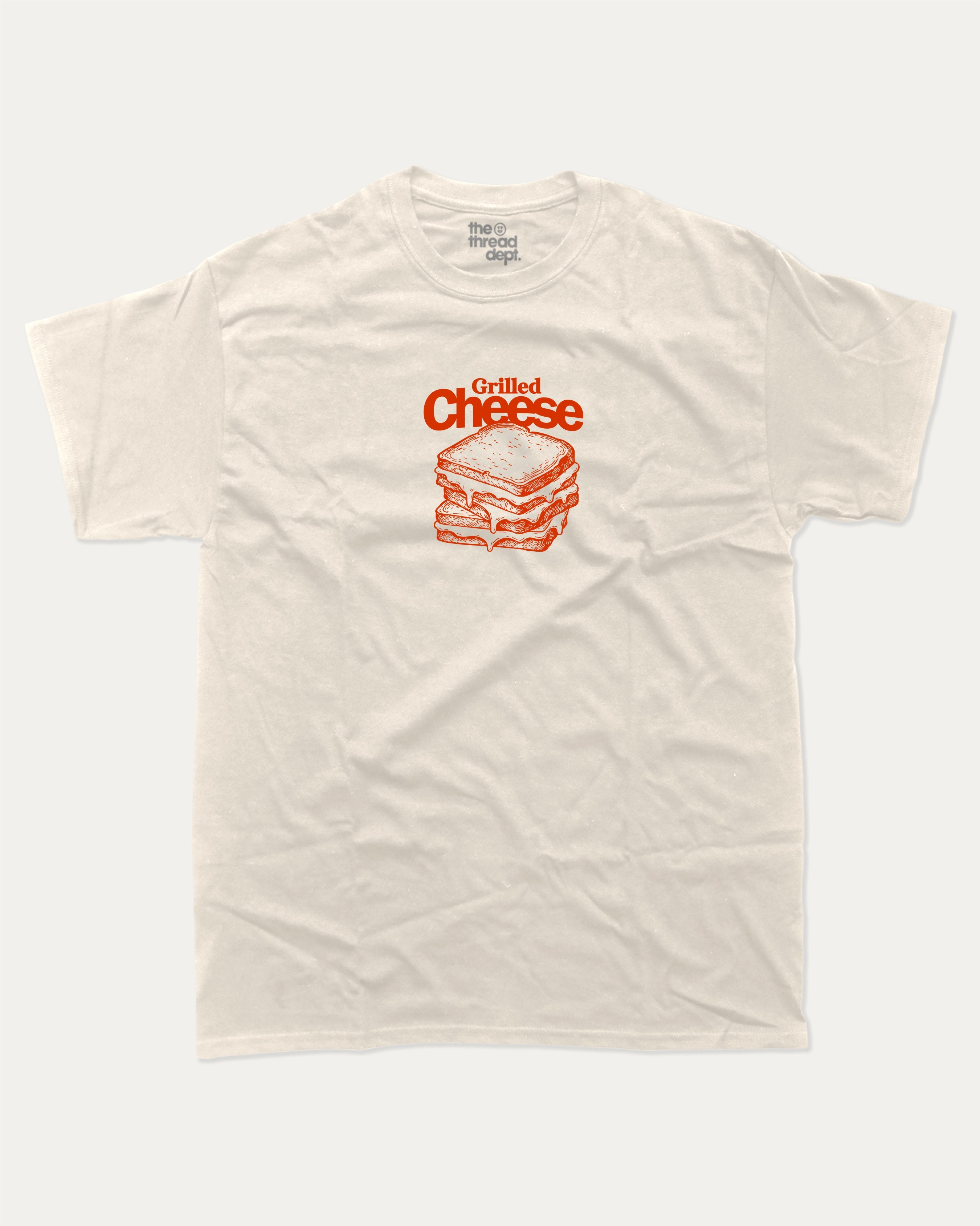 Grilled Cheese graphic tee with bold and humorous print, funny and trendy graphic. Food Lover Graphic T shirt, Craving Graphic T shirt, Snack Graphic T shirt,  Perfect for adults and gift-giving. Cream shirt.
