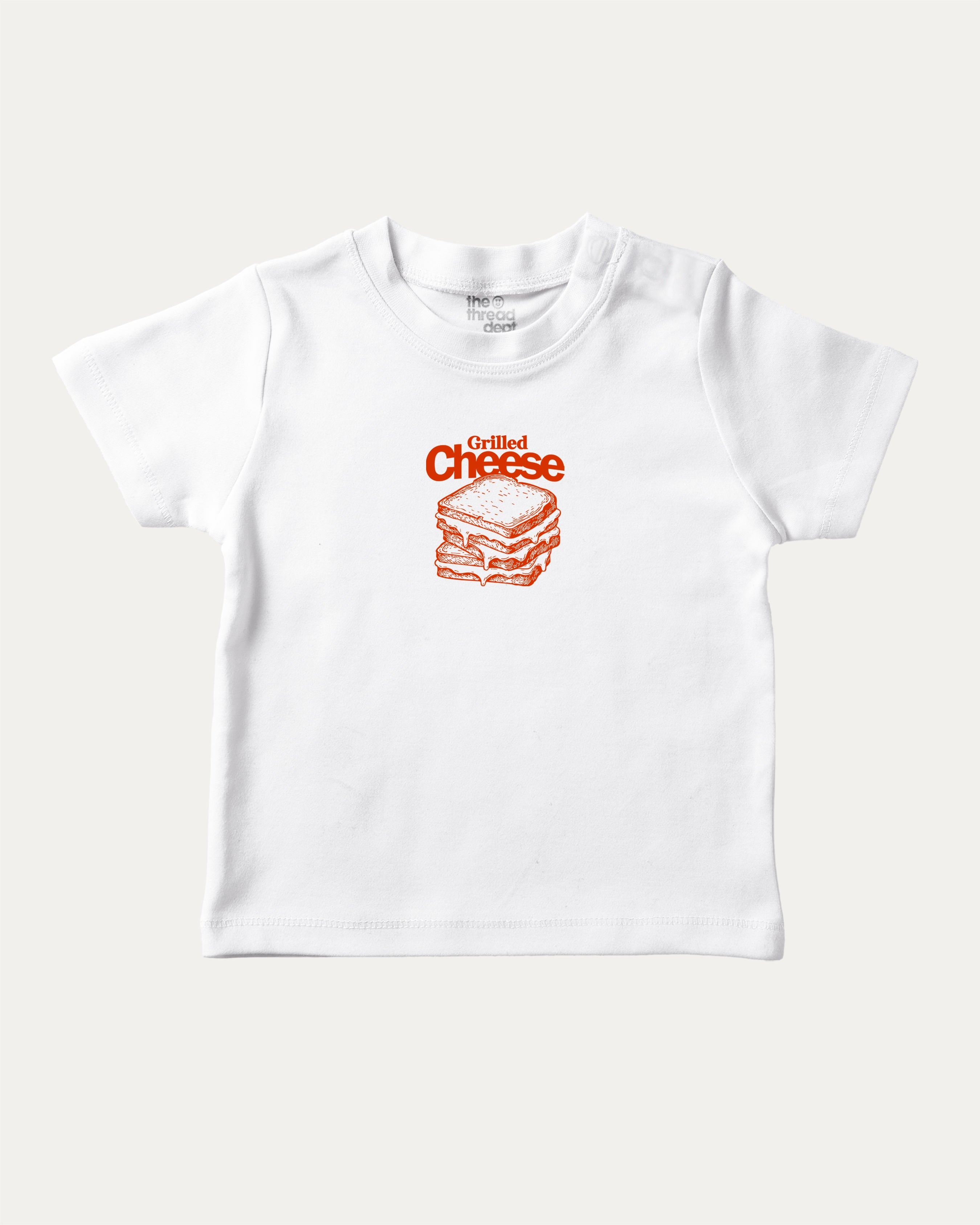 Grilled Cheese graphic tee with bold and humorous print, funny and trendy graphic. Perfect for adults and gift-giving. White shirt.