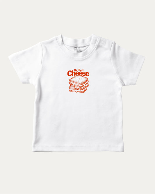 Grilled Cheese graphic tee with bold and humorous print, funny and trendy graphic. Perfect for adults and gift-giving. White shirt.