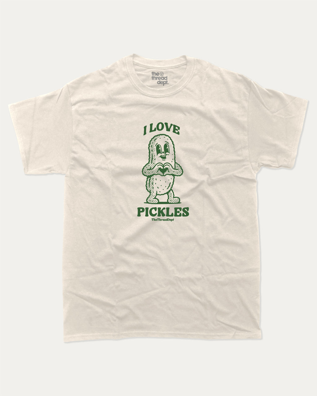 I Love Pickles graphic t-shirt, perfect for adults. funny pickle lover tee, trending meme shirt, unique gift idea. Cream.