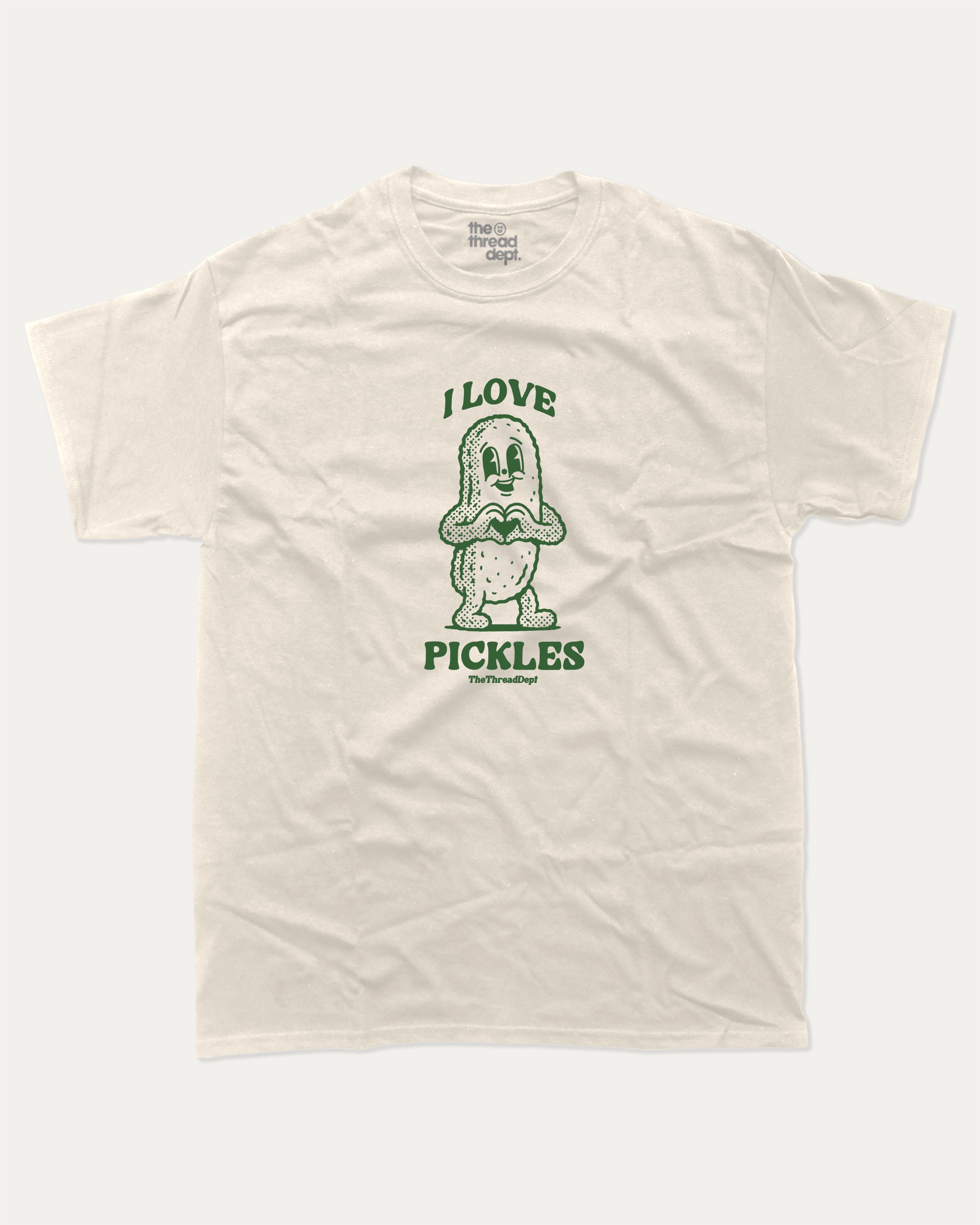 I Love Pickles graphic t-shirt, perfect for adults. funny pickle lover tee, trending meme shirt, unique gift idea. Cream.