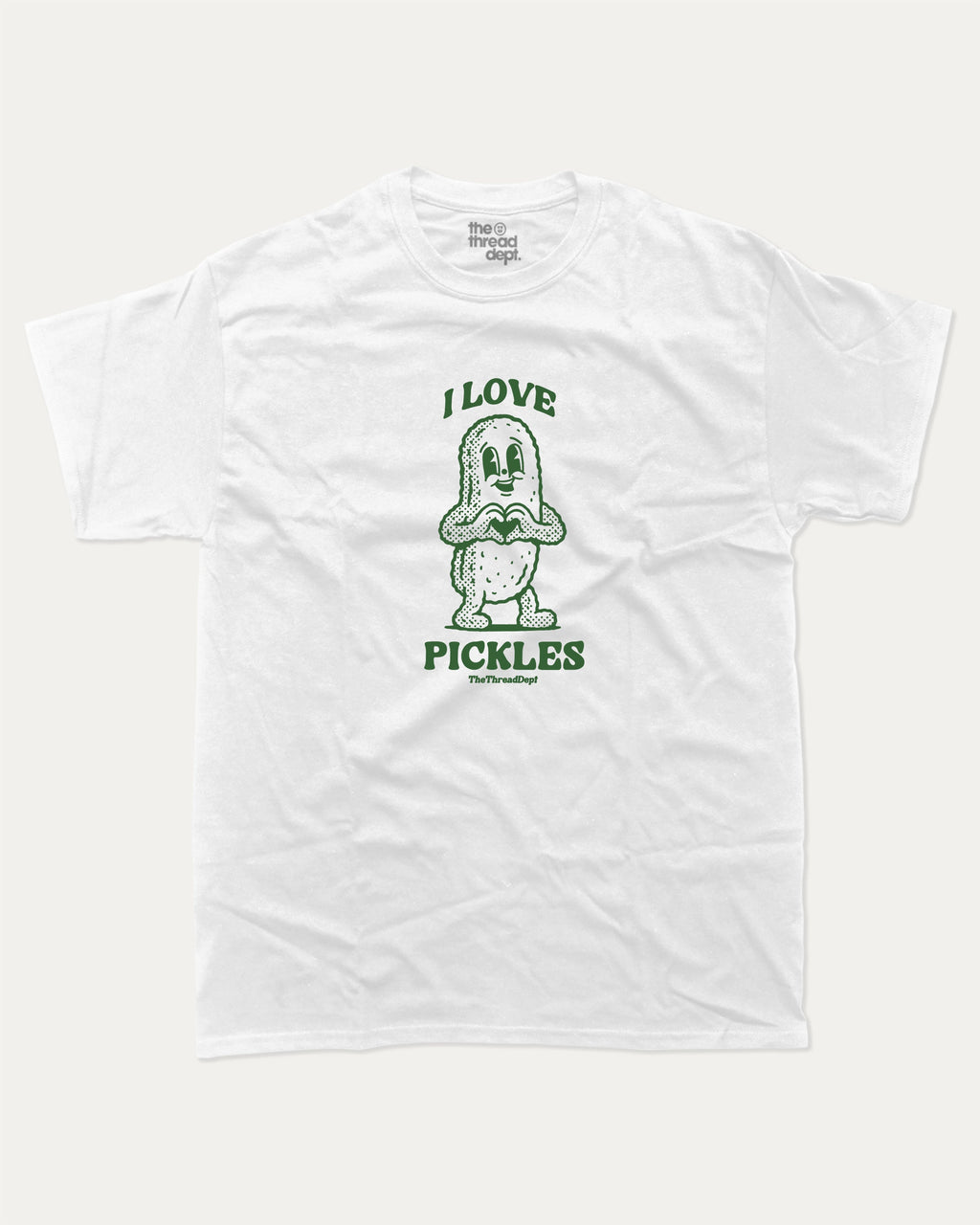 I Love Pickles graphic t-shirt, perfect for adults. funny pickle lover tee, trending meme shirt, unique gift idea. White.