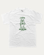 I Love Pickles graphic t-shirt, perfect for adults. funny pickle lover tee, trending meme shirt, unique gift idea. White.