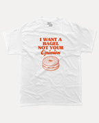 I want a bagel graphic tee with bold and humorous print, Craving Graphic  T shirt, Snack Graphic T shirt, Funny Food Graphic T Shirt, funny and trendy graphic. Perfect for adults and gift-giving. White shirt.