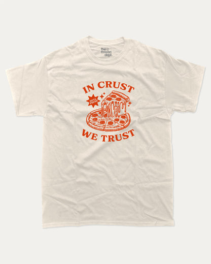 In Crust We Trust graphic tee with bold and humorous print, funny and trendy graphic. Pizza Lover T shirt, Food Graphic T shirt, Perfect for adults and gift-giving. Cream shirt.
