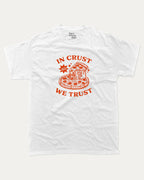In Crust We Trust graphic tee with bold and humorous print, funny and trendy graphic. Pizza Lover T shirt, Food Graphic T shirt, Perfect for adults and gift-giving. White shirt.