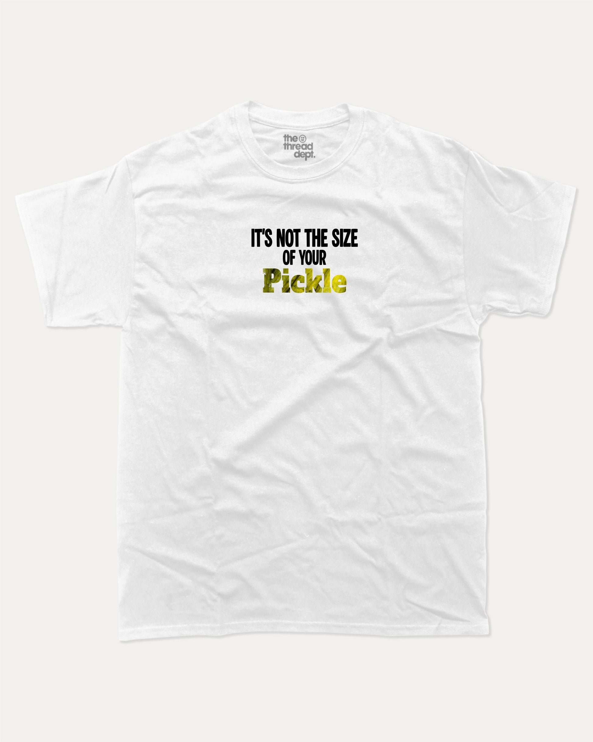 It's not the size of your pickle graphic tee with bold and humorous print, Pickle Lover Graphic T shirt, Perfect Gift for Pickle Lover,  funny and trendy graphic. Perfect for adults and gift-giving. White shirt.