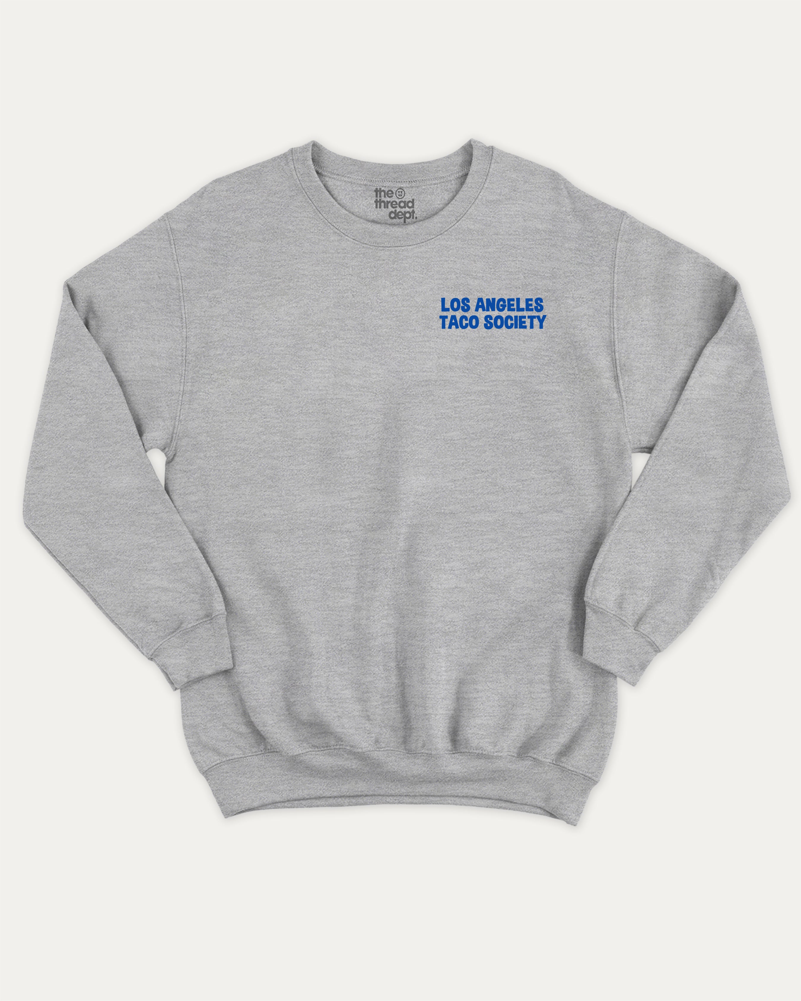 Los Angeles Taco Society graphic sweatshirt with bold and humorous print, Mexican Foods Graphic T shirt,  warm and cozy graphic for everyday wear. Perfect for adults and gift-giving. Heather Grey pullover.