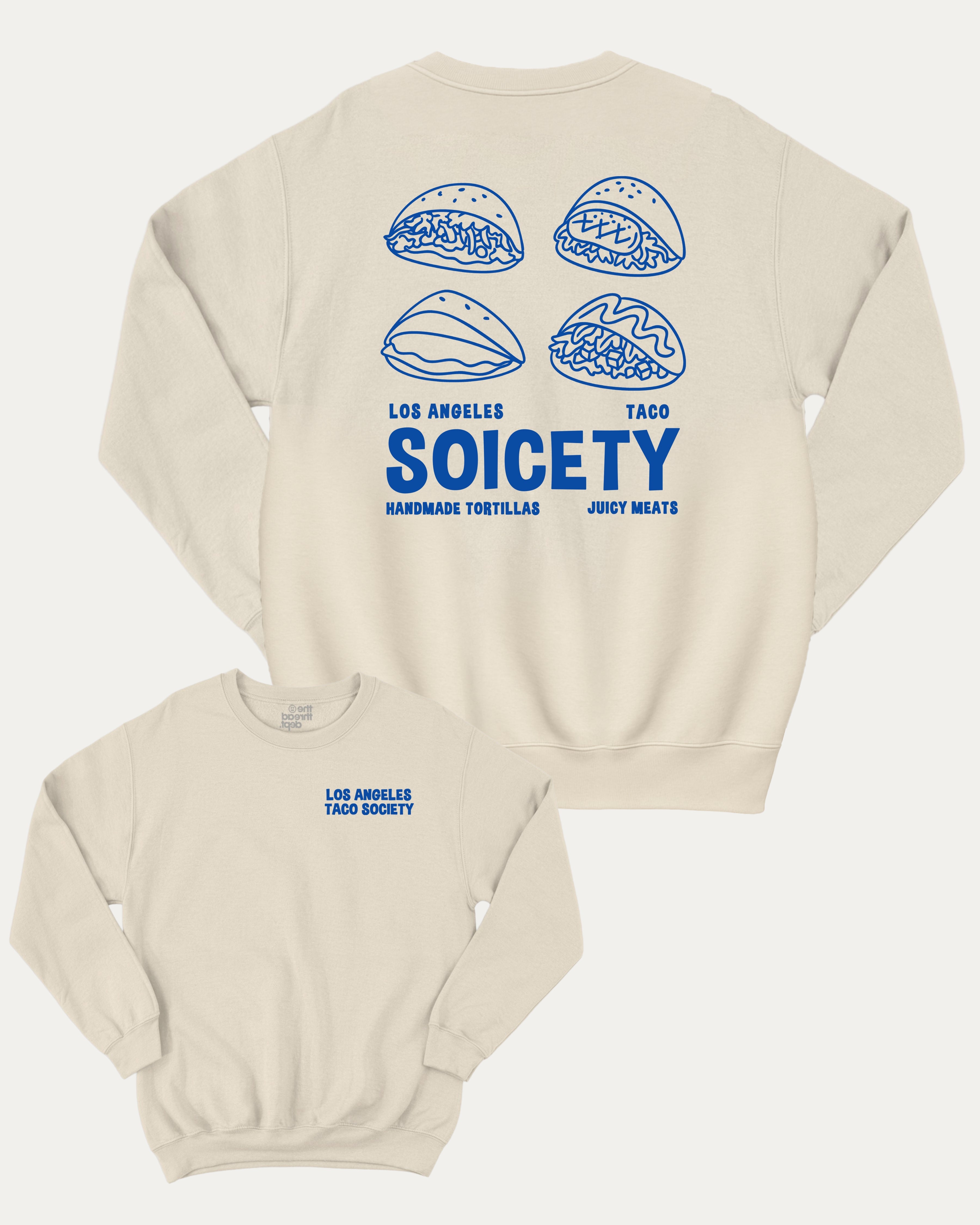 Los Angeles Taco Society graphic sweatshirt with bold and humorous print, Mexican Foods Graphic T shirt,  warm and cozy graphic for everyday wear. Perfect for adults and gift-giving. Natural pullover.