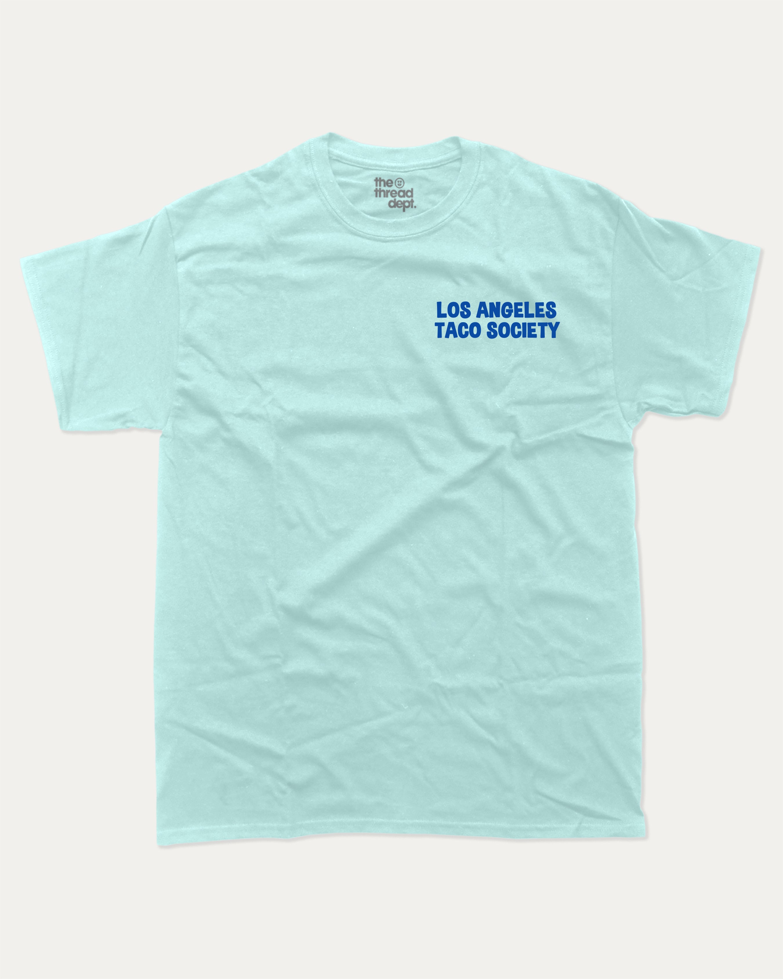 Los Angeles Taco Society graphic tee with bold and humorous print, Mexican Foods Graphic T shirt,  funny and trendy graphic. Perfect for adults and gift-giving. Celadon shirt.
