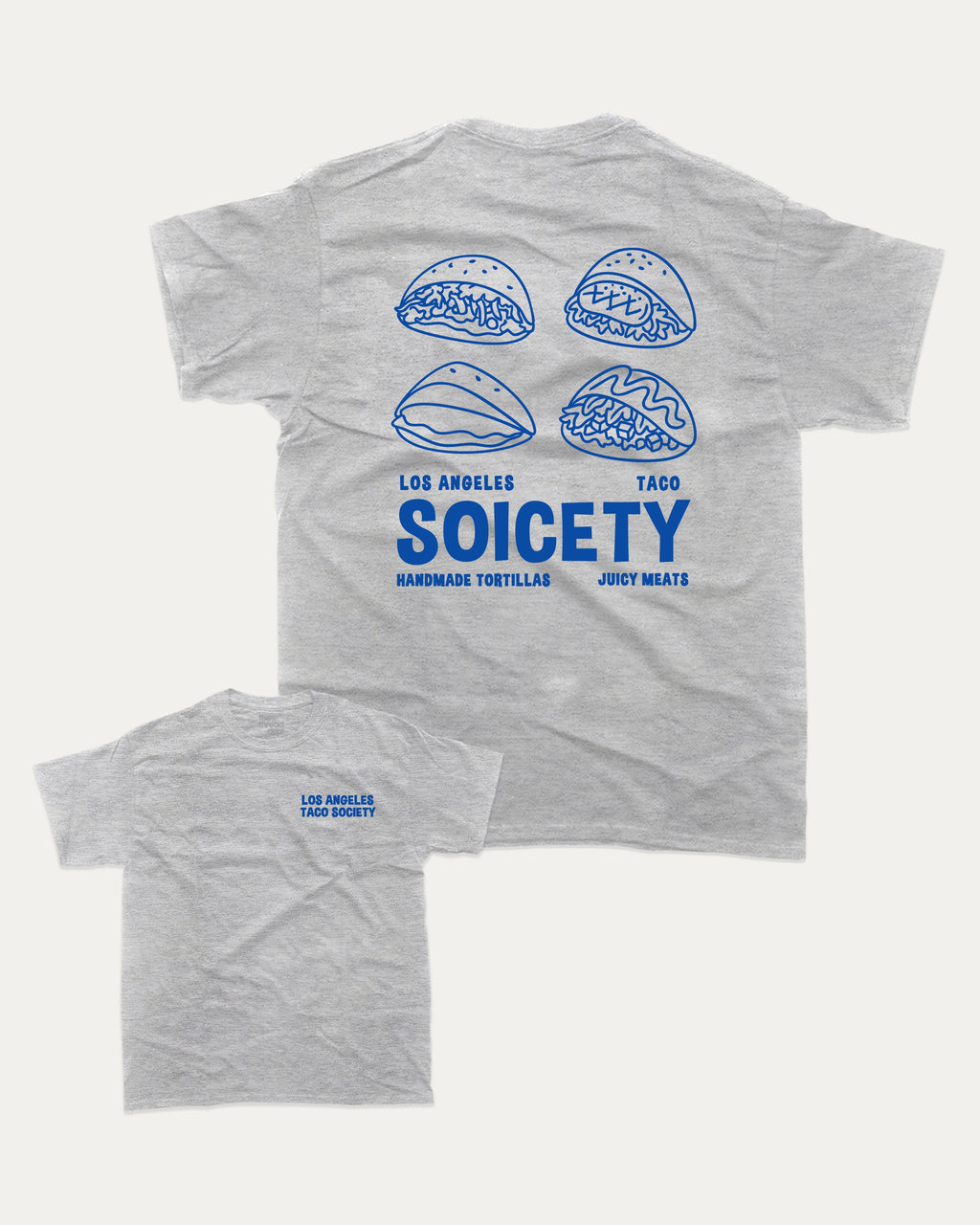 Los Angeles Taco Society graphic tee with bold and humorous print, Mexican Foods Graphic T shirt,  funny and trendy graphic. Perfect for adults and gift-giving. Heather Grey shirt.