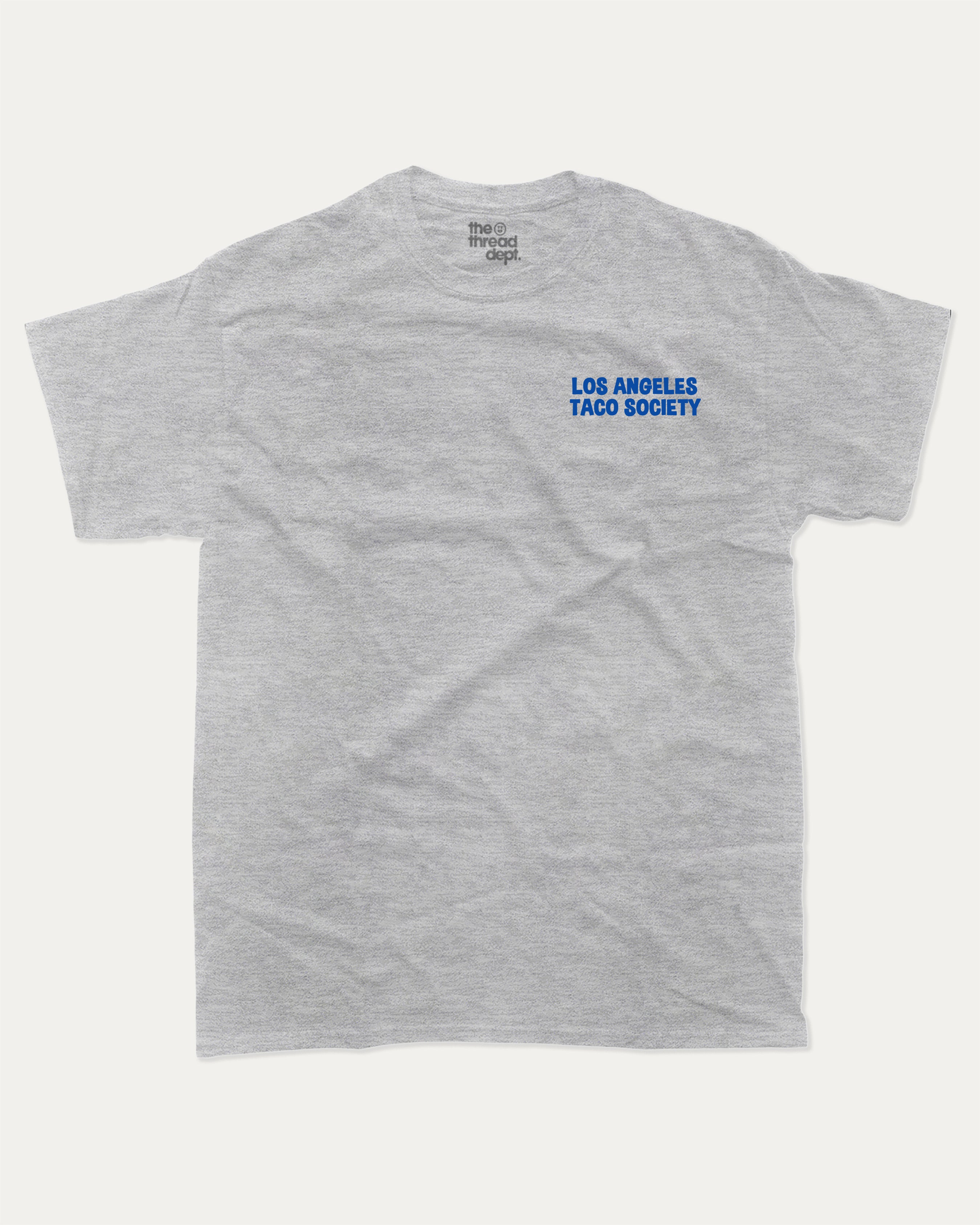 Los Angeles Taco Society graphic tee with bold and humorous print, Mexican Foods Graphic T shirt,  funny and trendy graphic. Perfect for adults and gift-giving. Heather Grey shirt.